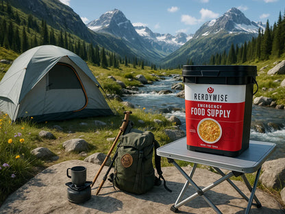 Emergency food supply bucket on camp table by alpine stream, tent, and hiking gear in mountains
