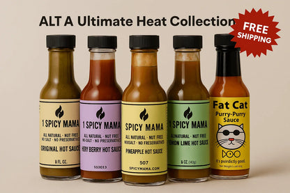 ALT A - Ultimate Heat Collection (5 Bottles) featuring various hot sauces with a free shipping tag