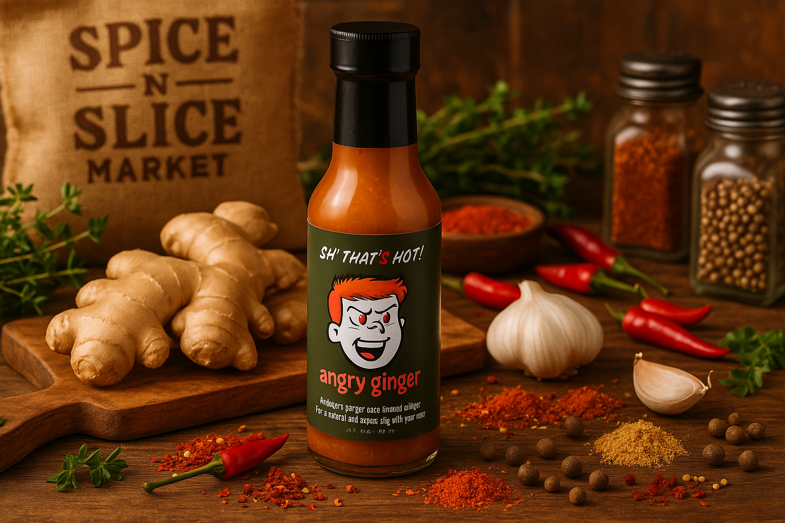Angry Ginger Hot Sauce in market setting