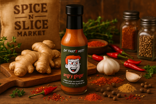 Angry Ginger Hot Sauce in market setting