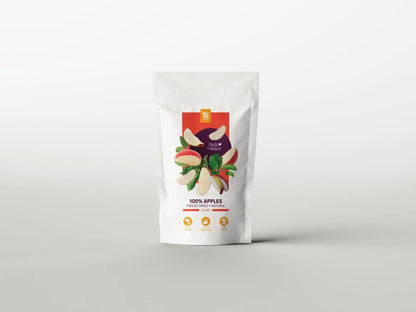 White package of Nutri Boom 100% freeze-dried natural apple slices with colorful apple graphics