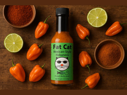 Fat Cat Mexican-Style Habanero hot sauce, habanero peppers, limes, and spice bowls on wood