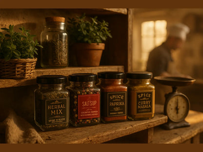 Rustic kitchen shelf with herb plants, spice jars, and vintage scale in warm light