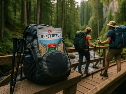 Backpack with ReadyWise meal on wooden bridge, hikers trekking in forest background
