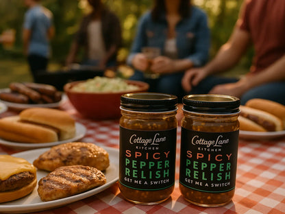 Spicy pepper relish jars on picnic table with burgers, hot dogs, outdoor BBQ gathering