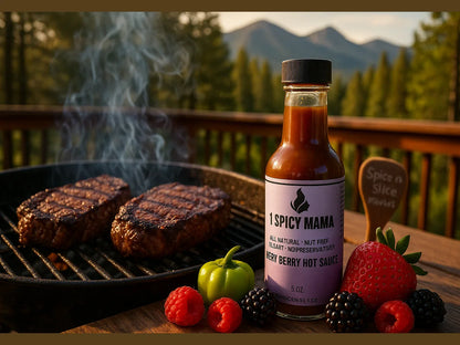 Grilled steaks and hot sauce bottle on outdoor deck with berries, pepper, and mountain view