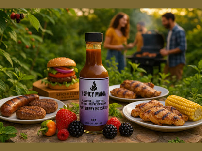 BBQ picnic with Spicy Mama hot sauce, grilled chicken, burger, sausages, corn, fresh berries outdoors