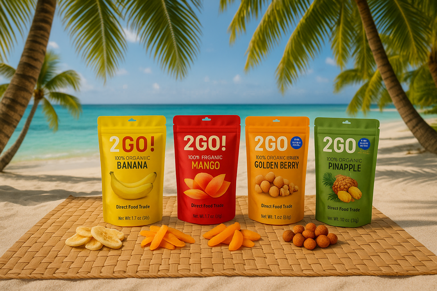 Beach picnic setup with tropical backdrop