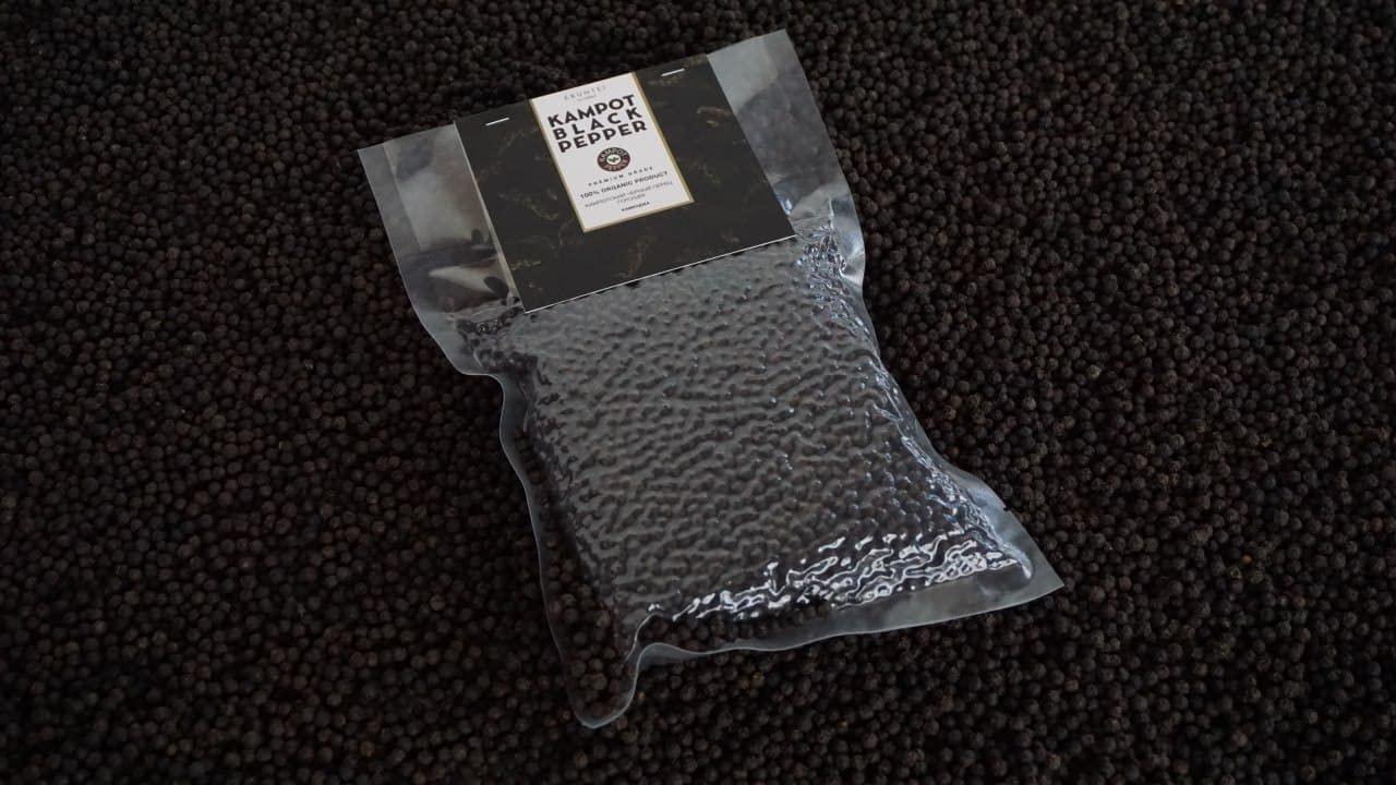 Black Kampot pepper (piper nigrum) from our own farm in Cambodia in a