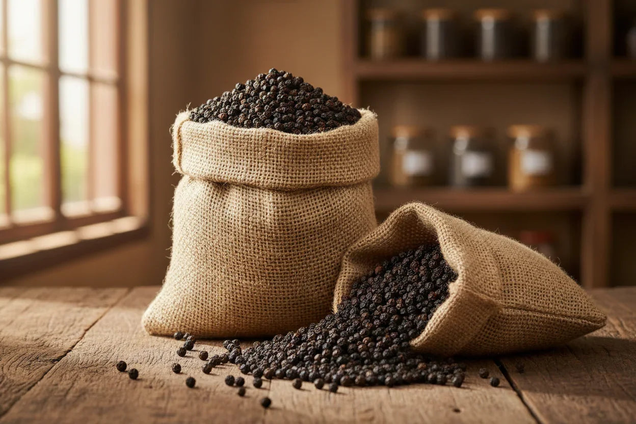 Two burlap sacks filled with black Kampot peppercorns on a wooden table with spice jars in the background