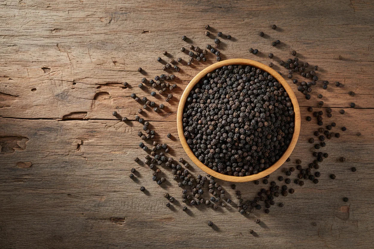 Wooden bowl filled with black Kampot peppercorns on rustic wooden surface