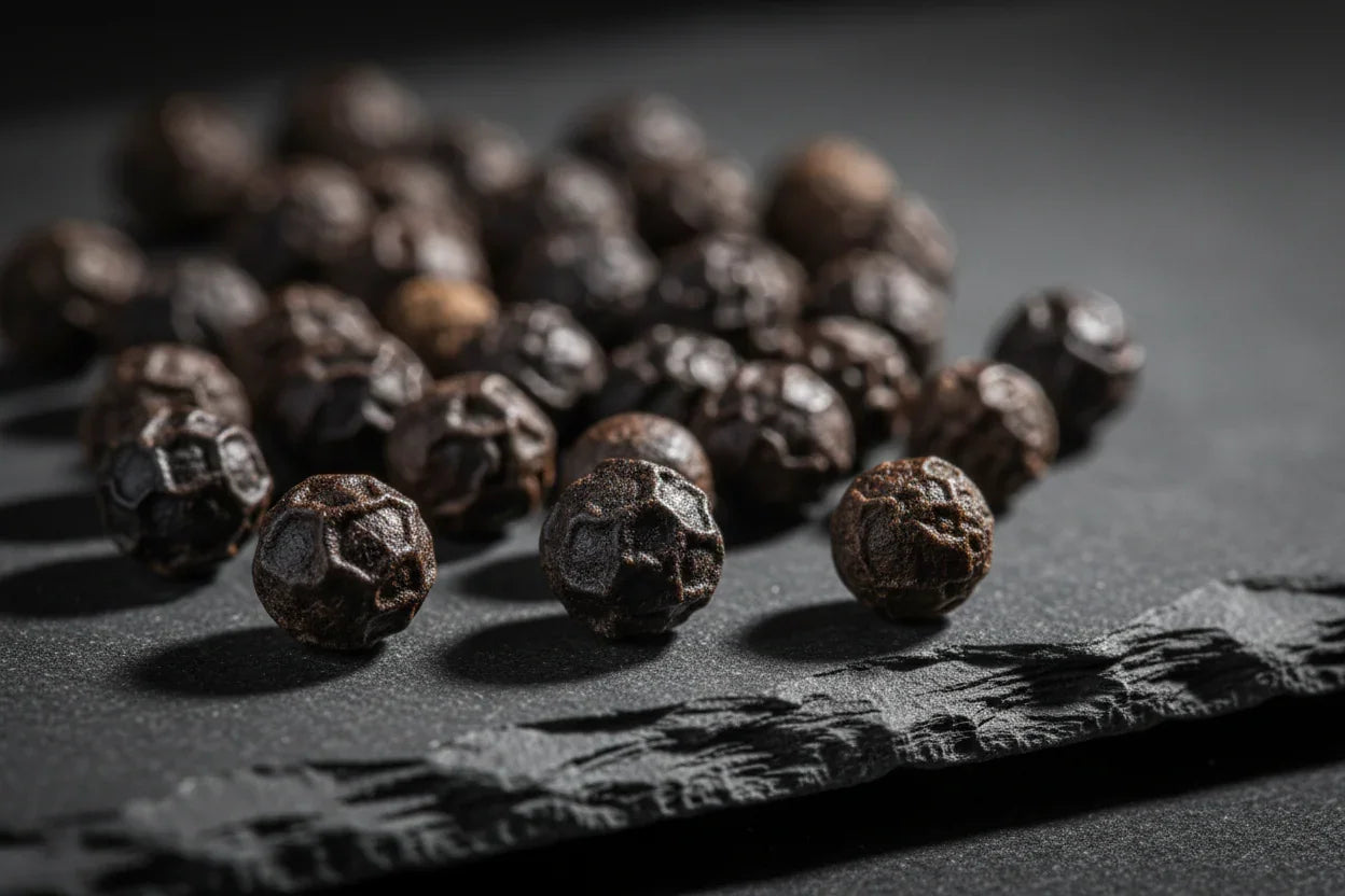 Close-up of whole black Kampot peppercorns on a textured dark slate surface