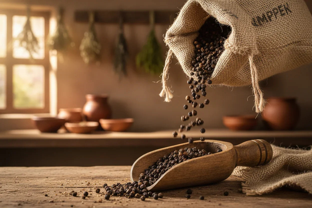Black Kampot peppercorns pouring from burlap sack into wooden scoop on rustic table