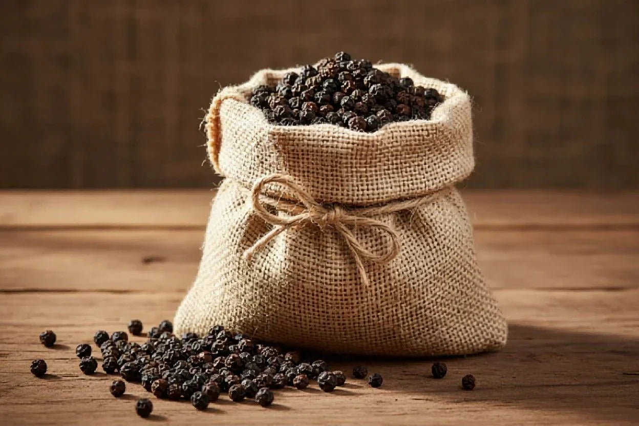 Burlap sack filled with black peppercorns spilling onto wooden table background