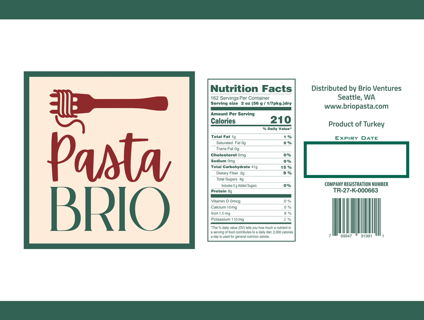 PastaBRIO Durum Wheat Pasta - ROTINI - 20 lb