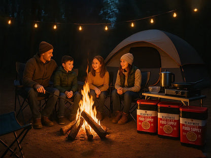 Family camping at night by a campfire, tent, string lights, and ReadyWise food supply buckets