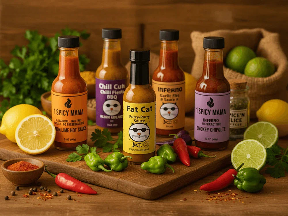 Variety of hot sauces on wooden board with fresh chili peppers, lemons, limes, and herbs