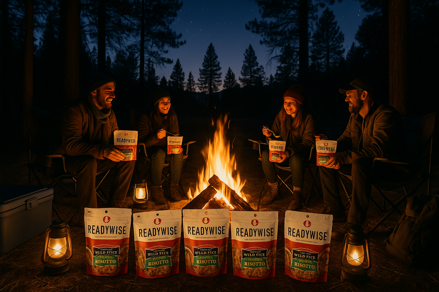 Campfire gathering with ReadyWise meals