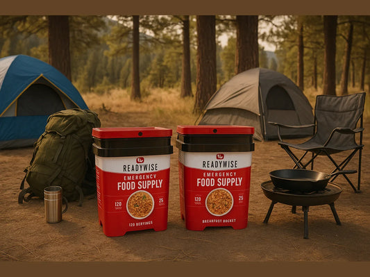 Camping scene with two tents, ReadyWise emergency food supply buckets, backpack, camp chair, and cooking gear in a pine forest.
