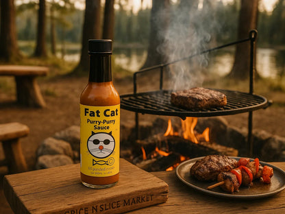 Fat Cat Purry-Purry Sauce bottle at a campfire BBQ with steak and kebabs in a forest setting