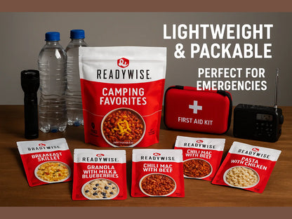 Emergency camping supplies with ReadyWise meals, water bottles, flashlight, first aid kit, and radio