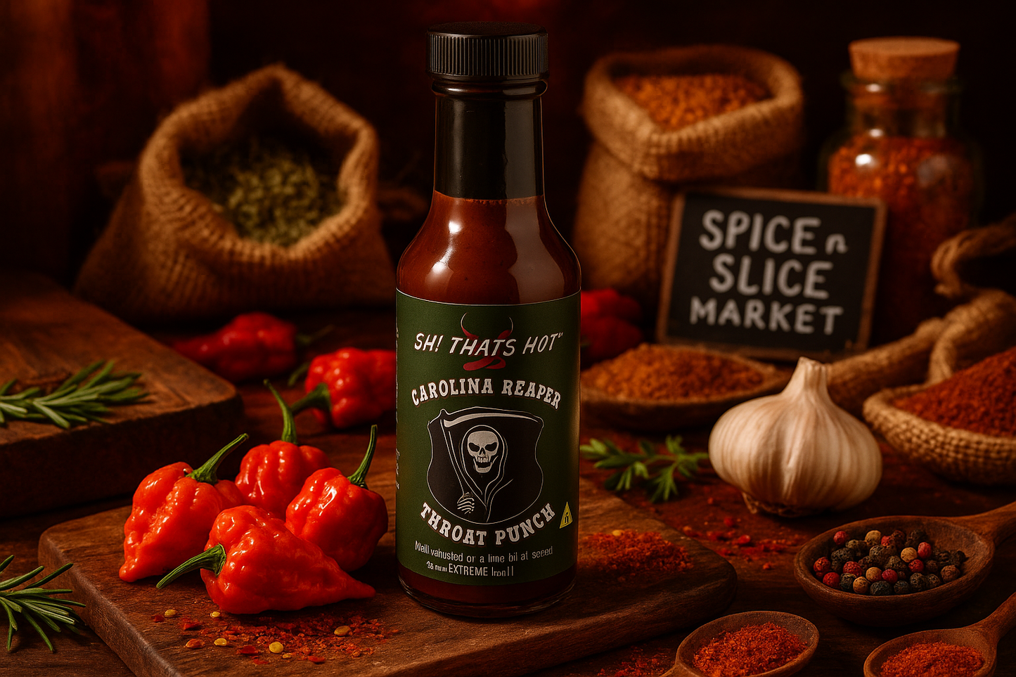 Carolina Reaper Throat Punch in market setting