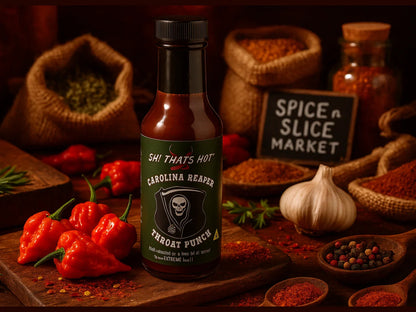 Carolina Reaper Throat Punch hot sauce bottle with peppers and spices in market setting