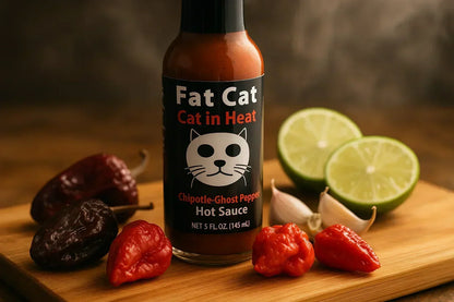 Fat Cat Cat in Heat chipotle ghost pepper hot sauce bottle on cutting board with fresh peppers, lime, and garlic