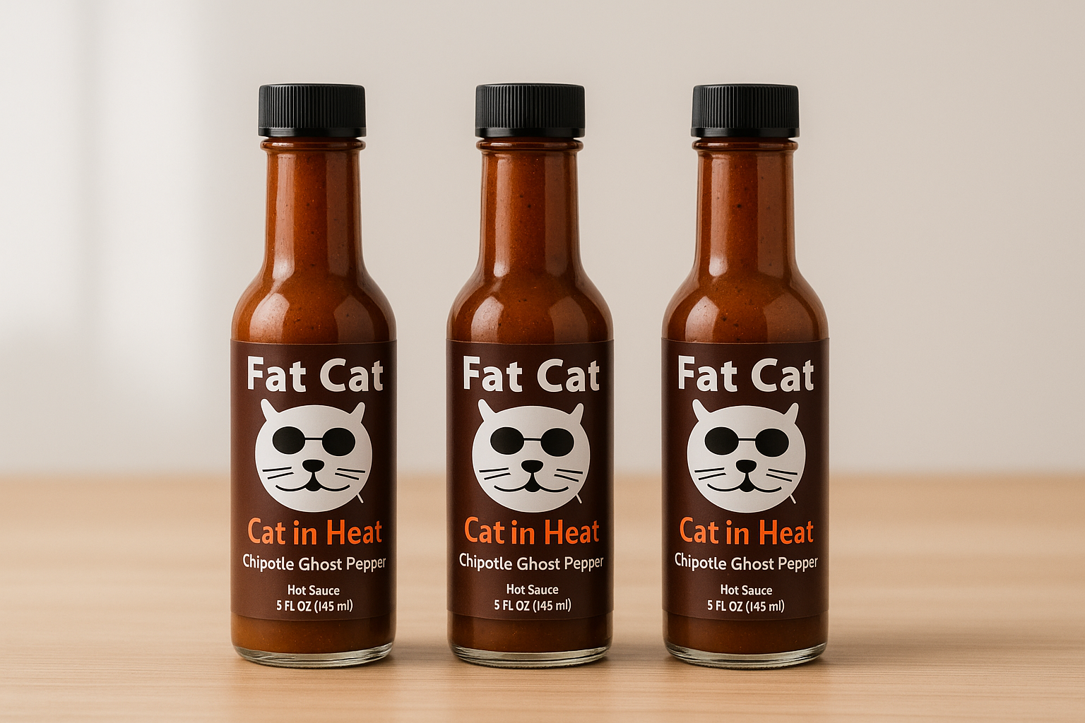 Cat in Heat hot sauce trio with labels facing forward