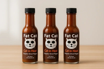 Fat Cat Cat in Heat Chipotle Ghost Pepper hot sauce trio with labels facing forward