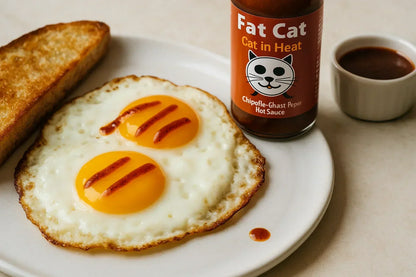 Fat Cat Cat in Heat hot sauce drizzled over sunny side eggs, toast, and sauce bottle.