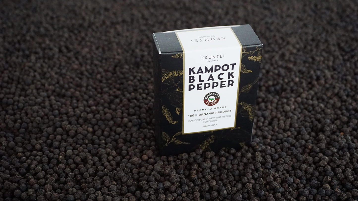 Black Kampot pepper (piper nigrum) from our own farm in Cambodia in a
