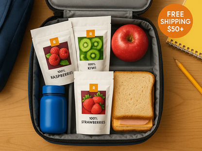 Lunchbox with dried raspberries, kiwi, strawberries, apple, sandwich, and blue bottle.