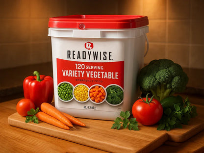 ReadyWise 120 serving variety vegetable emergency food container with fresh vegetables on a kitchen counter