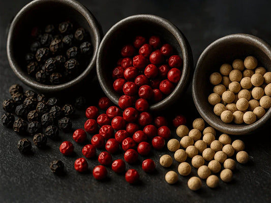 Black, red, and white peppercorns in dark ceramic bowls on black surface, culinary spices