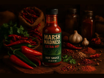 Marsh Madness extra hot sauce bottle with chili peppers, garlic, and spices on rustic table