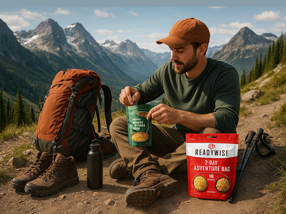 Hiker enjoying Readywise 2-Day Adventure Bag meal outdoors in scenic mountain setting