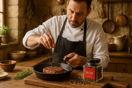 Chef Cooking Steak with SALT'S UP CUBEB PEPPER in French Farmhouse Kitchen