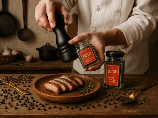 Chef grinding black pepper onto sliced meat with jars of Salts Up pepper in rustic kitchen