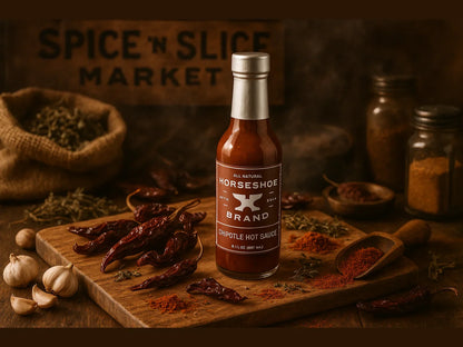Horseshoe Brand chipotle hot sauce bottle with dried peppers, garlic, and spices in market setting