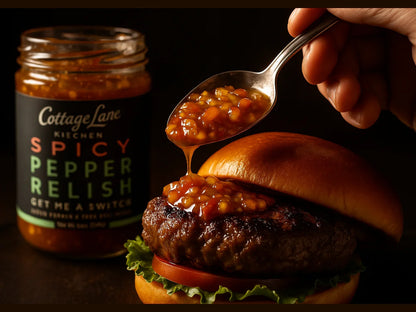 Hand spooning spicy pepper relish onto a grilled burger with lettuce and tomato, jar in background