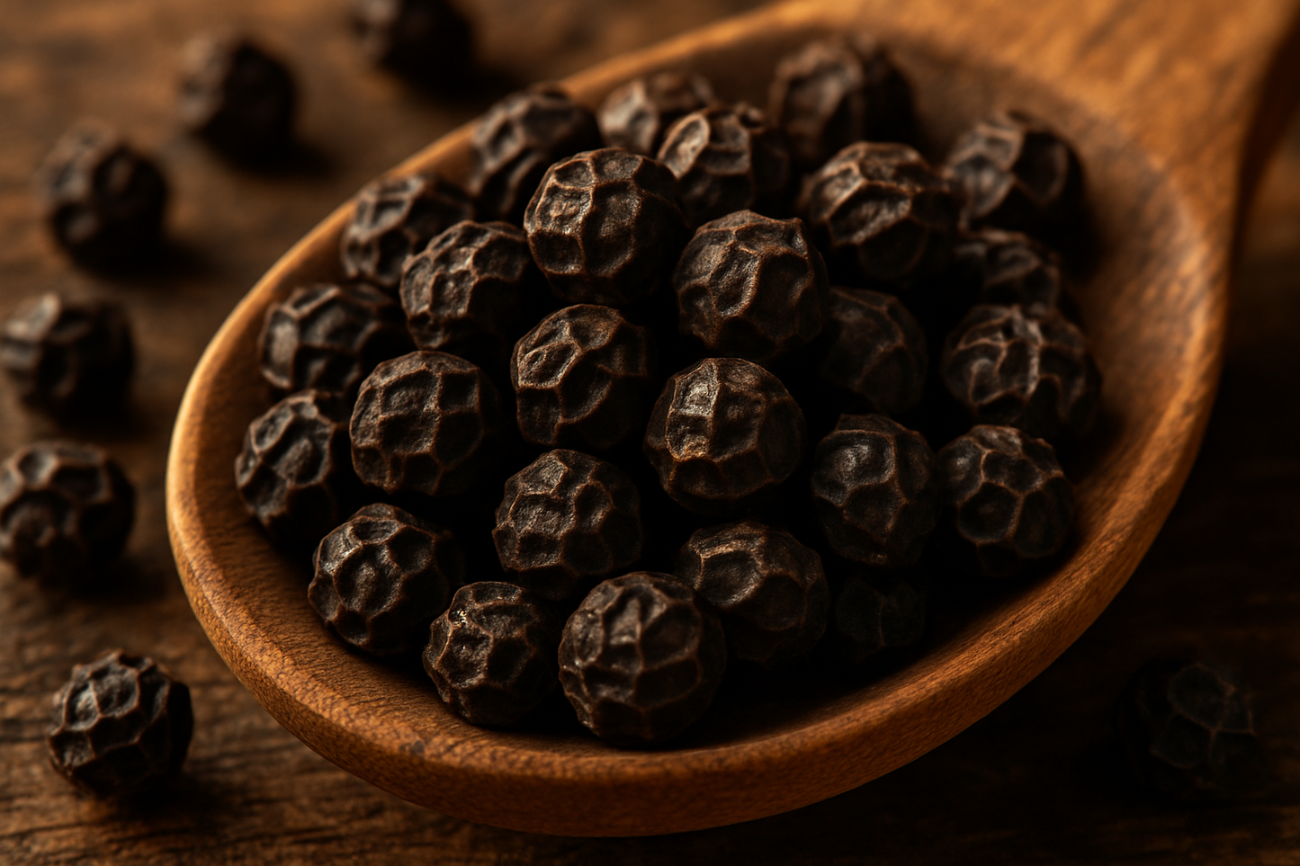 Close-up macro photography of Kampot black peppercorns
