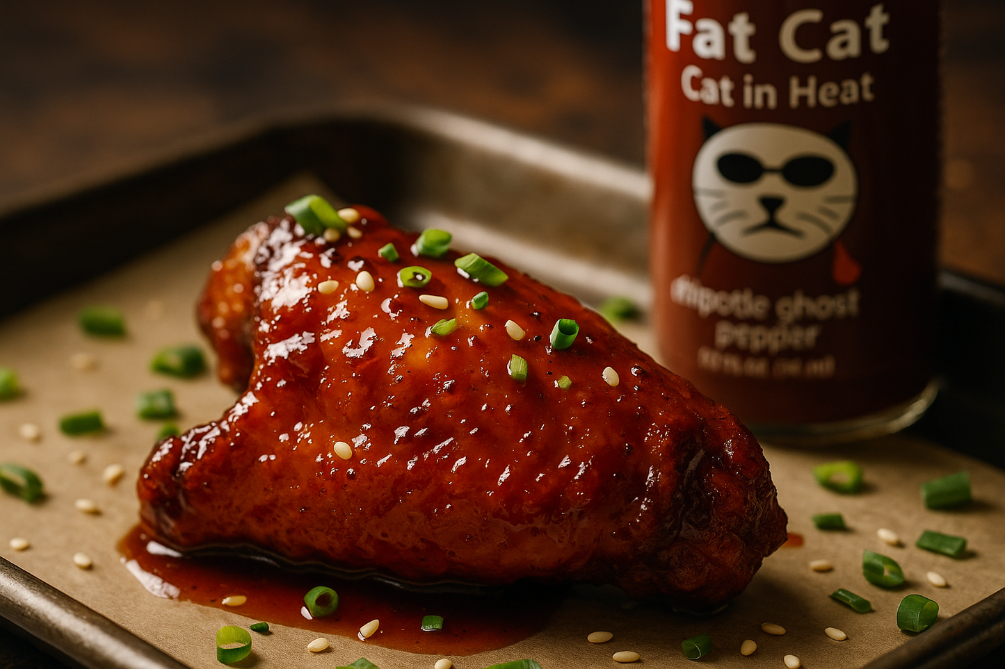 Close-up of glazed chicken wing with Cat in Heat bottle blurred behind