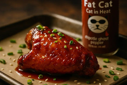 Glazed chicken wing with sesame seeds and green onions, Cat in Heat hot sauce bottle blurred behind