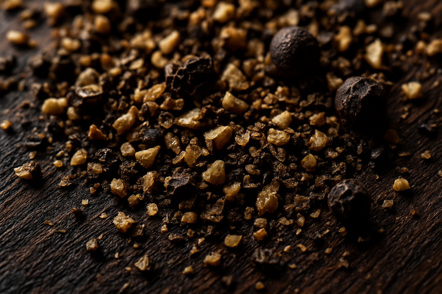 Coarse black pepper grind texture macro on cutting board