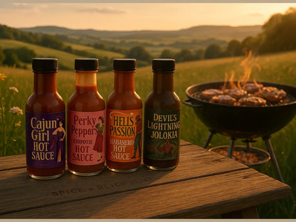 Hot sauce bottles on picnic table with BBQ grill, burgers, and countryside sunset