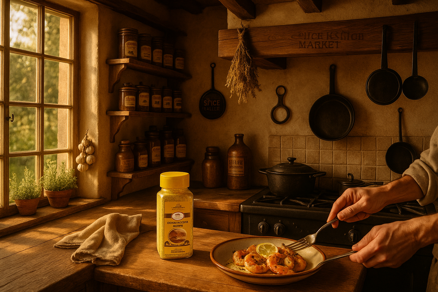 Cozy French kitchen with chef preparing dish