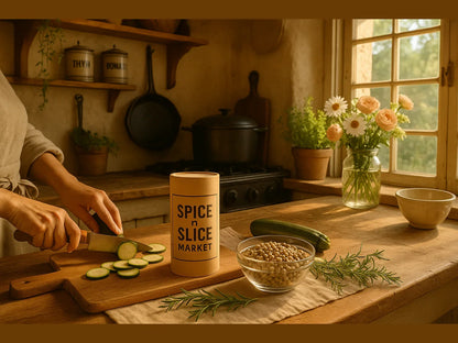 Cozy French kitchen with chef slicing zucchini, rustic decor, herbs, and fresh flowers