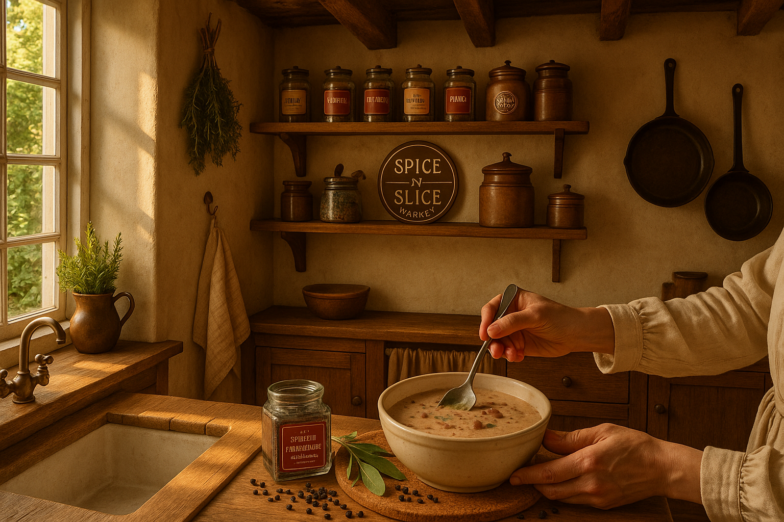 Cozy French kitchen with chef preparing dish