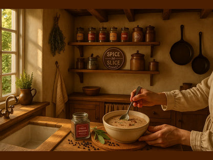 Chef preparing soup in a cozy rustic French kitchen with spice jars and wooden shelves